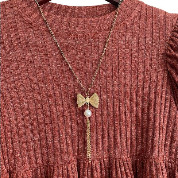Bonnie Jean Girls Sweater Dress 12 Rust Metallic Thread Matching Necklace Tiered - Picture 5 of 10